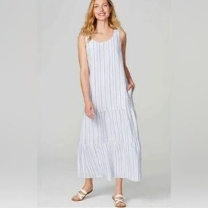 J Jill Love LINEN Striped Sleeveless Maxi Dress Blue White Size S